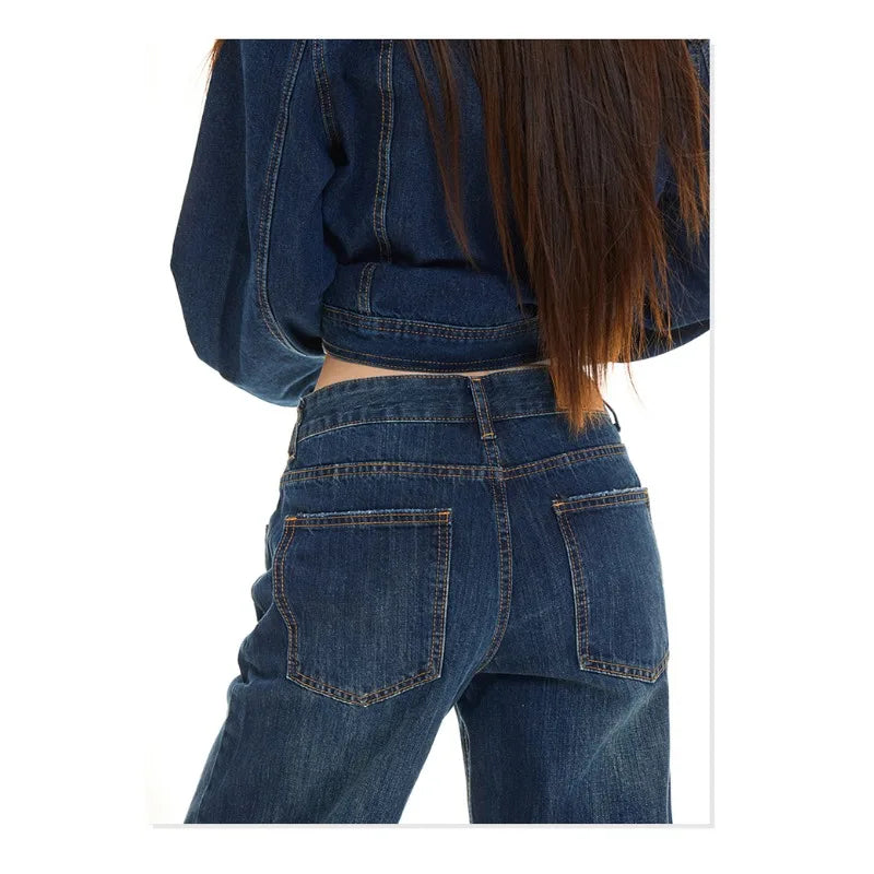 OIQERE Women Classic Dark Denim 2‑Piece Set Y2K Streetwear Lapel