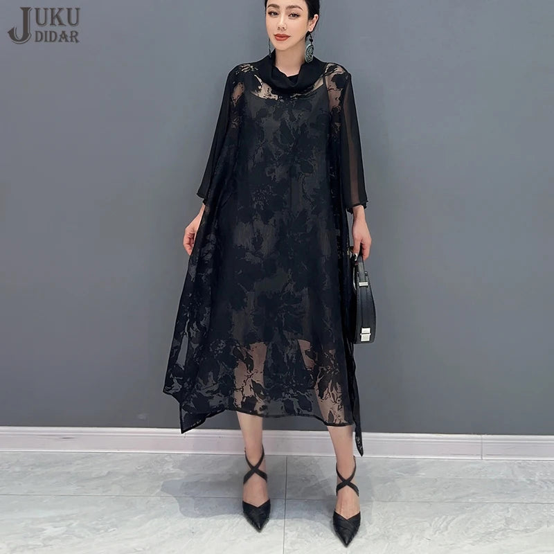 Loose Fit Chic New 2024 Summer Woman Solid Black Organza Dress Unique Wear Korean Style Large Mesh Dress Big Size Robe JJXD806