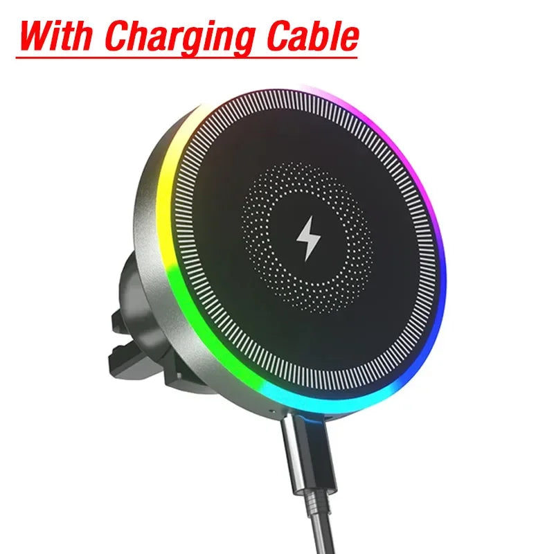 Car Magnetic Wireless Charger Air Vent Bracket Clip Phone Holder Stand RGB Light For iPhone 16 15 14 13 12 Pro Max Fast Charging