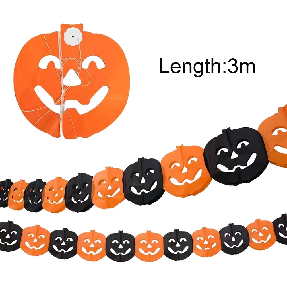 Halloween Ghost Garland,3M Length Pumpkin Bat Skull Paper Garland,Pull Flag,Halloween Party Home Decoration