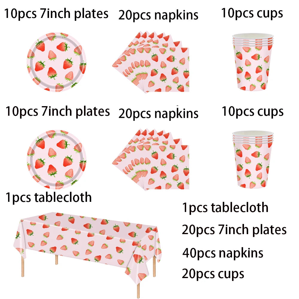 Strawberry Sets Birthday Decoration Party Disposable Paper Napkins Cups Plates Tablecloths Party Supplies