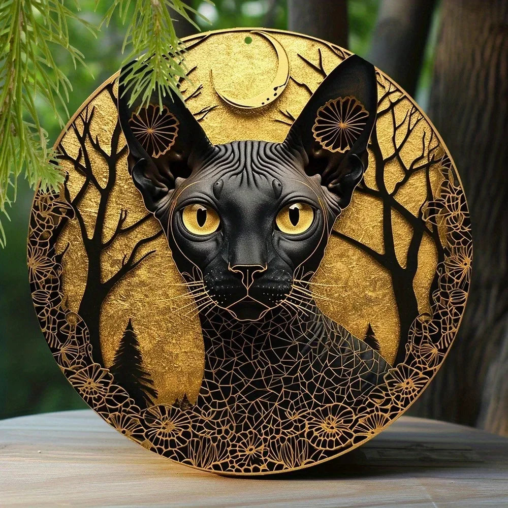 Cute Black Cat Gift Theme Round Metal Aluminum Sign Art Desktop Decorative Plates for Bar Cafe Club Yard Home Office Wall Decor