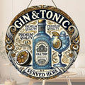 One 2D flat wooden circular sign with a retro style, "Gin and soda water are provided here" - country-style home wall decoration