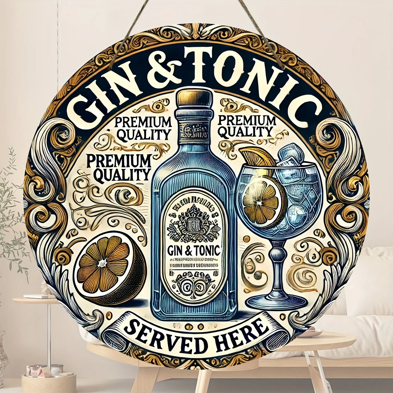 One 2D flat wooden circular sign with a retro style, "Gin and soda water are provided here" - country-style home wall decoration