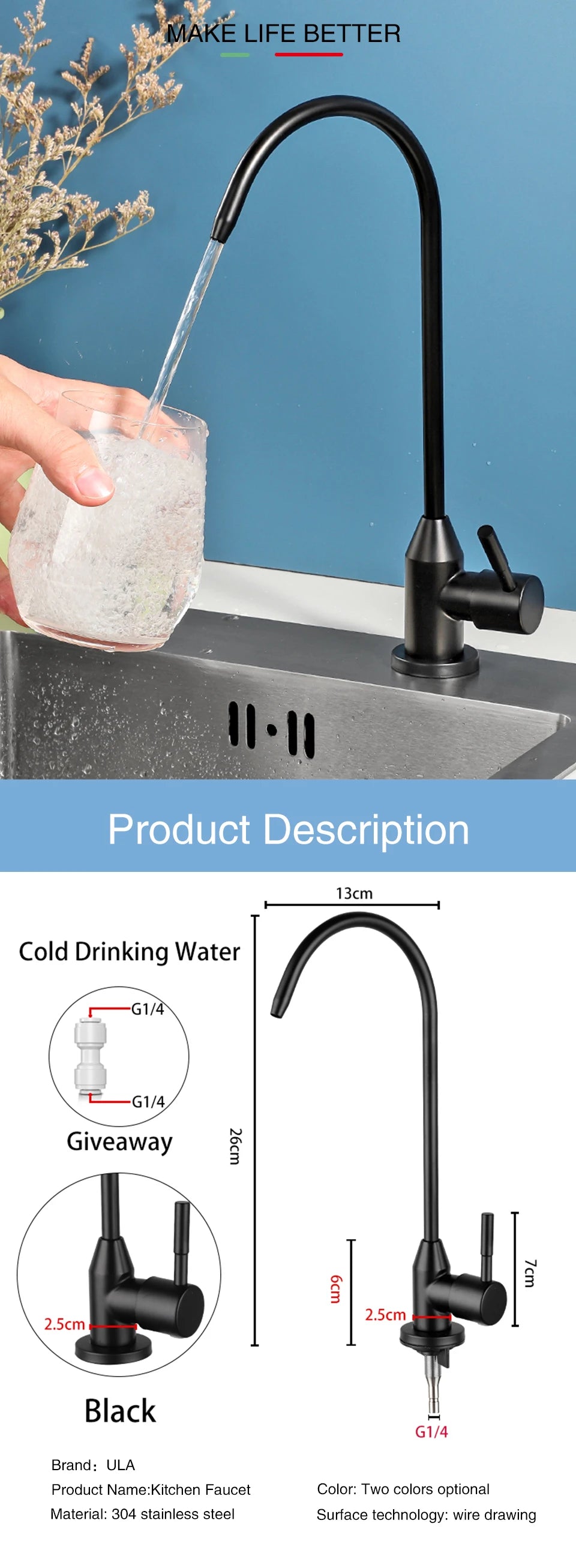 ULA 1/4"Kitchen Faucets Direct Drinking Tap Stainless Steel Water Purifier Faucet Single Cold Water Sink Faucet Filter Faucet