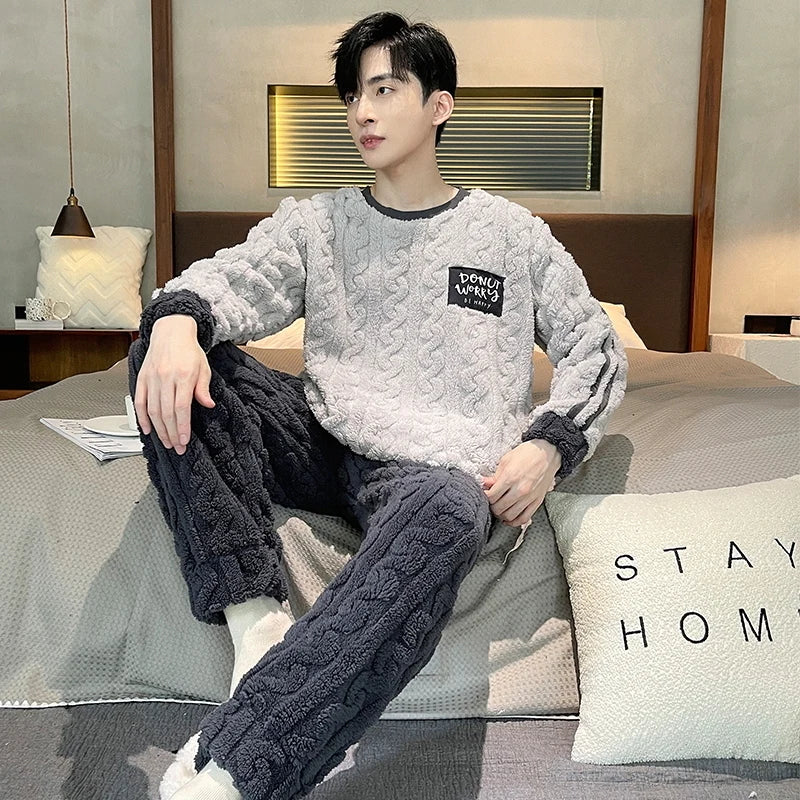 Men's Winter Jacquard Weave Flannel Pajamas Set Coral Fleece Cartoon Sleepwear Homewear Thick Warm Male Suit Fall Sweatshirt 5XL
