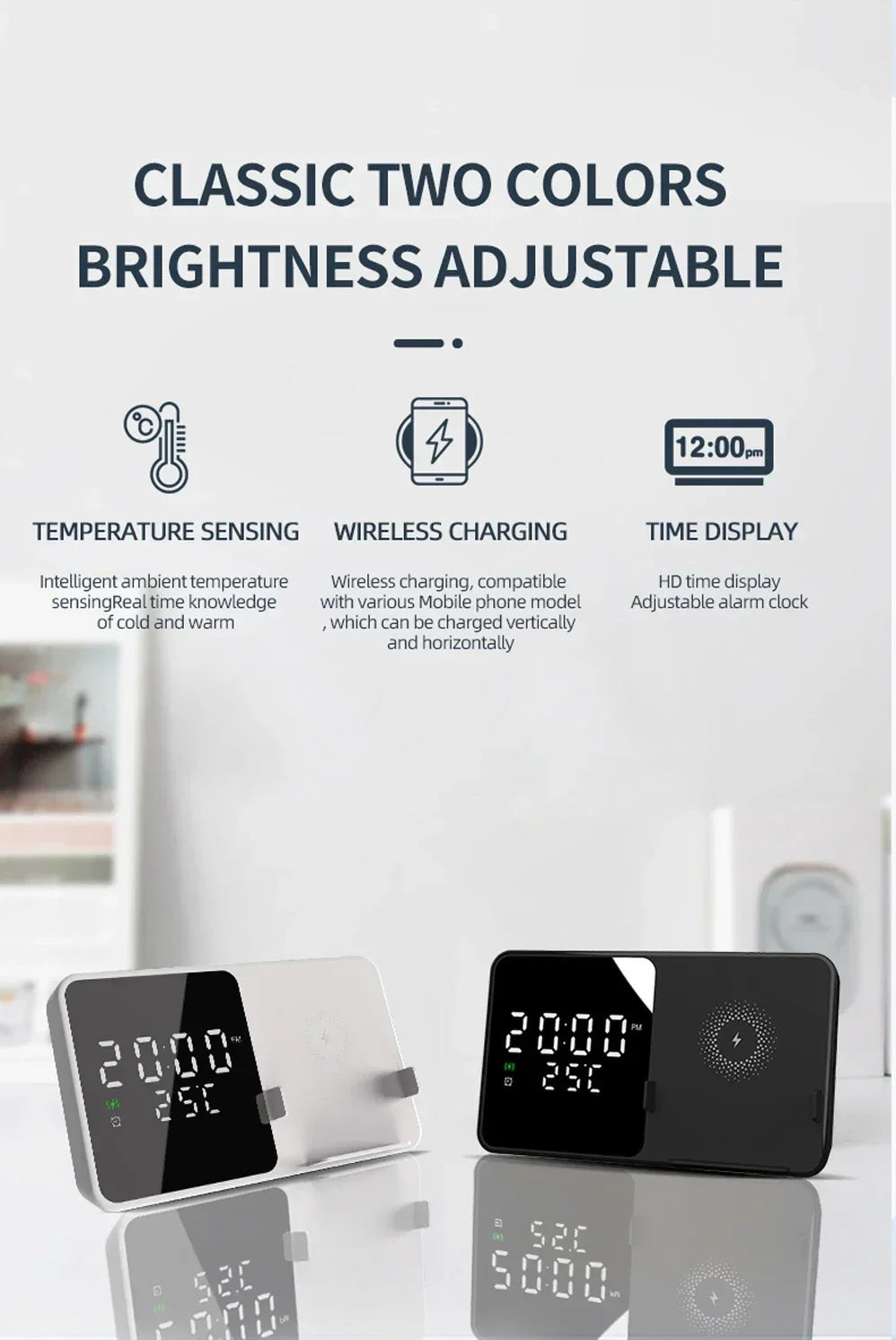 Wireless Charger Pad Stand with Alarm Clock Thermometer for iPhone 14 13 12 11 X Xiaomi Samsung 15W Phone Fast Charging Station