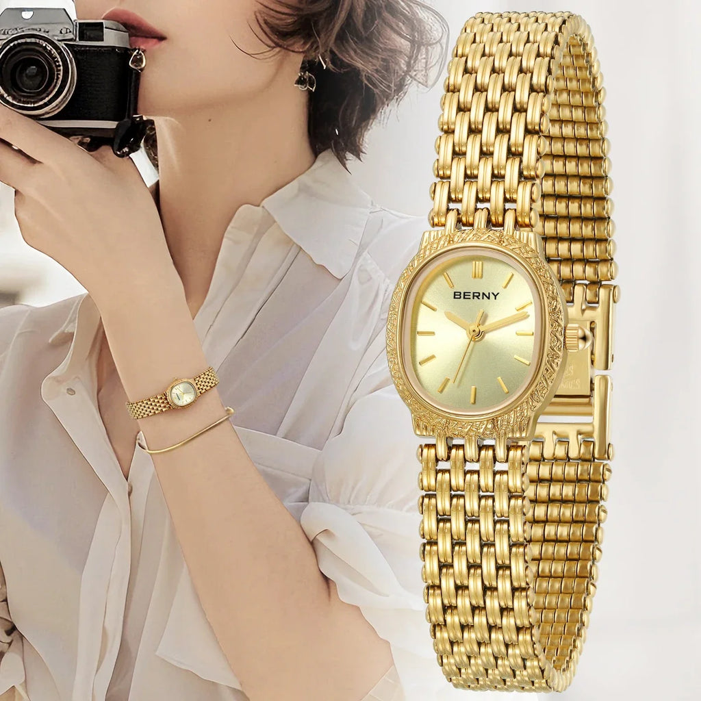 BERNY Women Quartz Watch Gold Small Dial Wristwatch Luxury