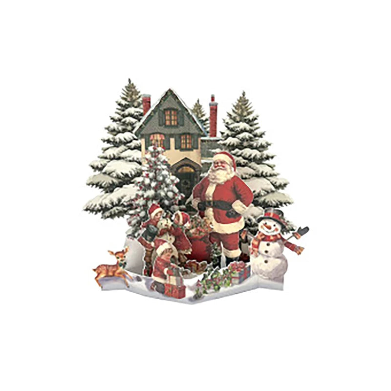 3D Christmas Card Night Before Christmas Scene With Santa, Reindeer, Snowy Village & Moonlit Sky Festive Holiday Greeting Card F