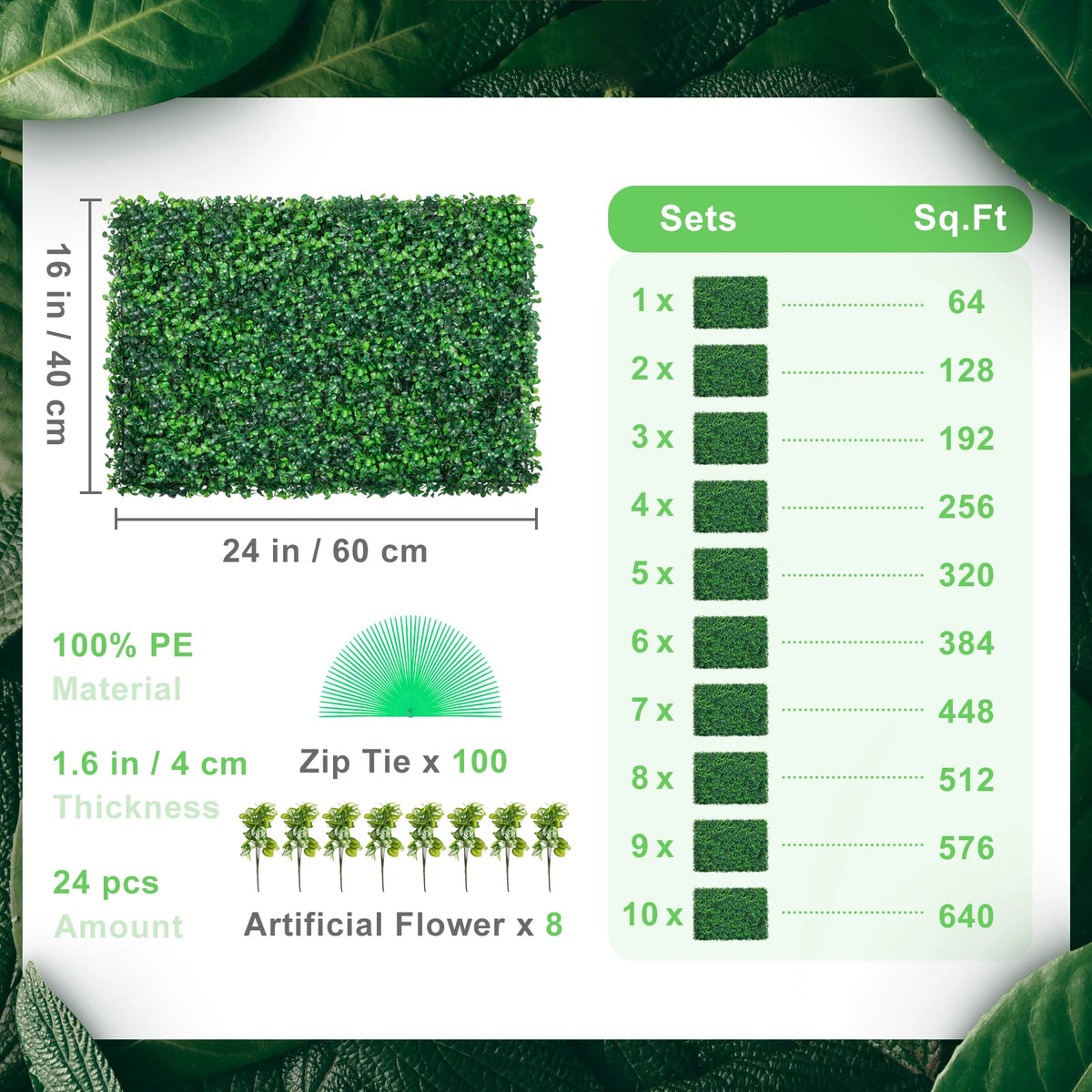 Succebuy Artificial Boxwood Panel 24pcs 20x20/24x16 in Boxwood