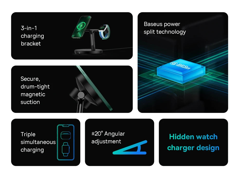 Baseus 3 in 1 20W Magnetic Wireless Charger Stand For iPhone 16 15 14 Pro Airpods Apple Watch Phone Fast Charging Station Holder