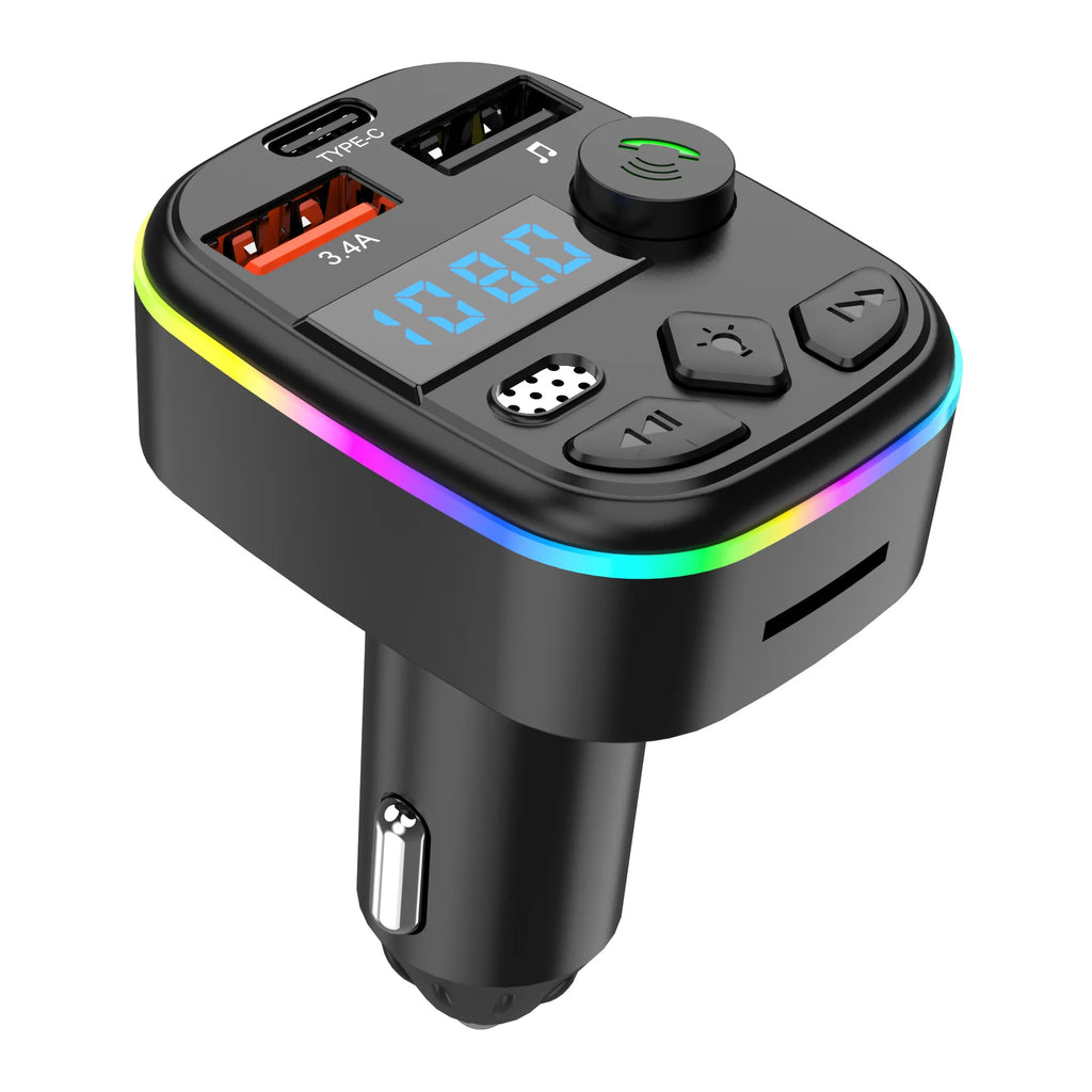 Bluetooth 5.0 Car FM Transmitter Wireless Charger PD Type C Fast Charge Dual USB Charger Ambient Light MP3 Player Handsfree