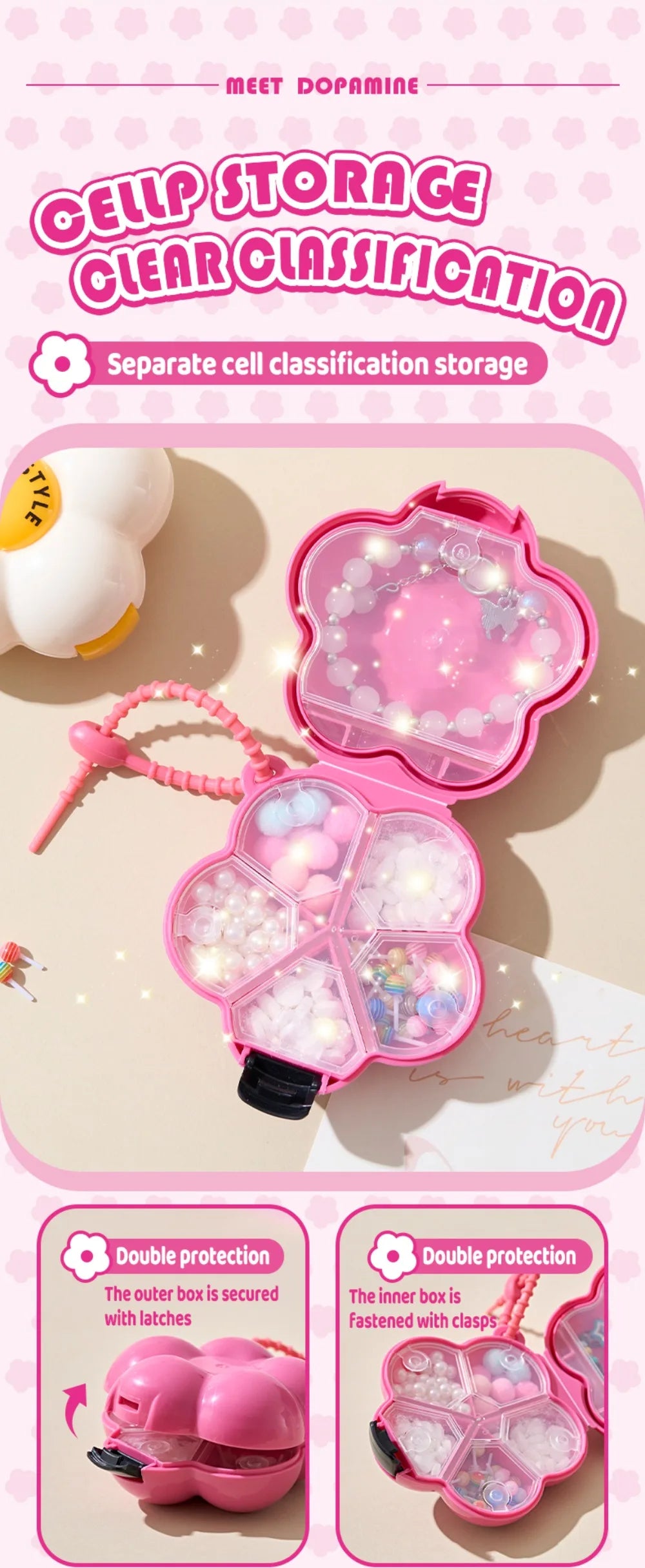 Cute Flowers Storage Box Pendant Dopamine with Dividers Jewelry Case Waterproof Plastic Medicine Box Travel