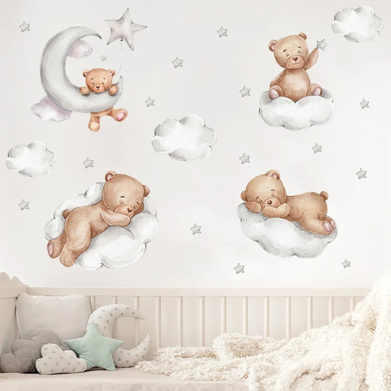 Cute Bear Moon Star Wall Stickers for Kids Rooms Girls Boys Baby Room Decoration Kawaii Cartoon Animal Nursery Wallpaper Vinyl