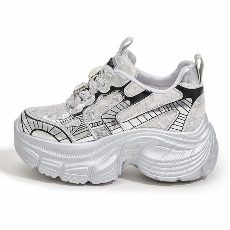 9CM Cow Genuine Leather Autumn Women Chunky Sneakers Sequin
