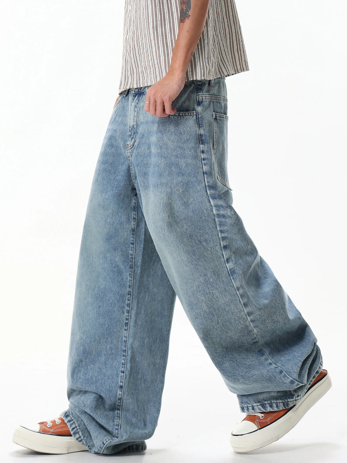 Men's Washed Blue Baggy Wide-Leg Jeans Y2K Street Fashion Casual