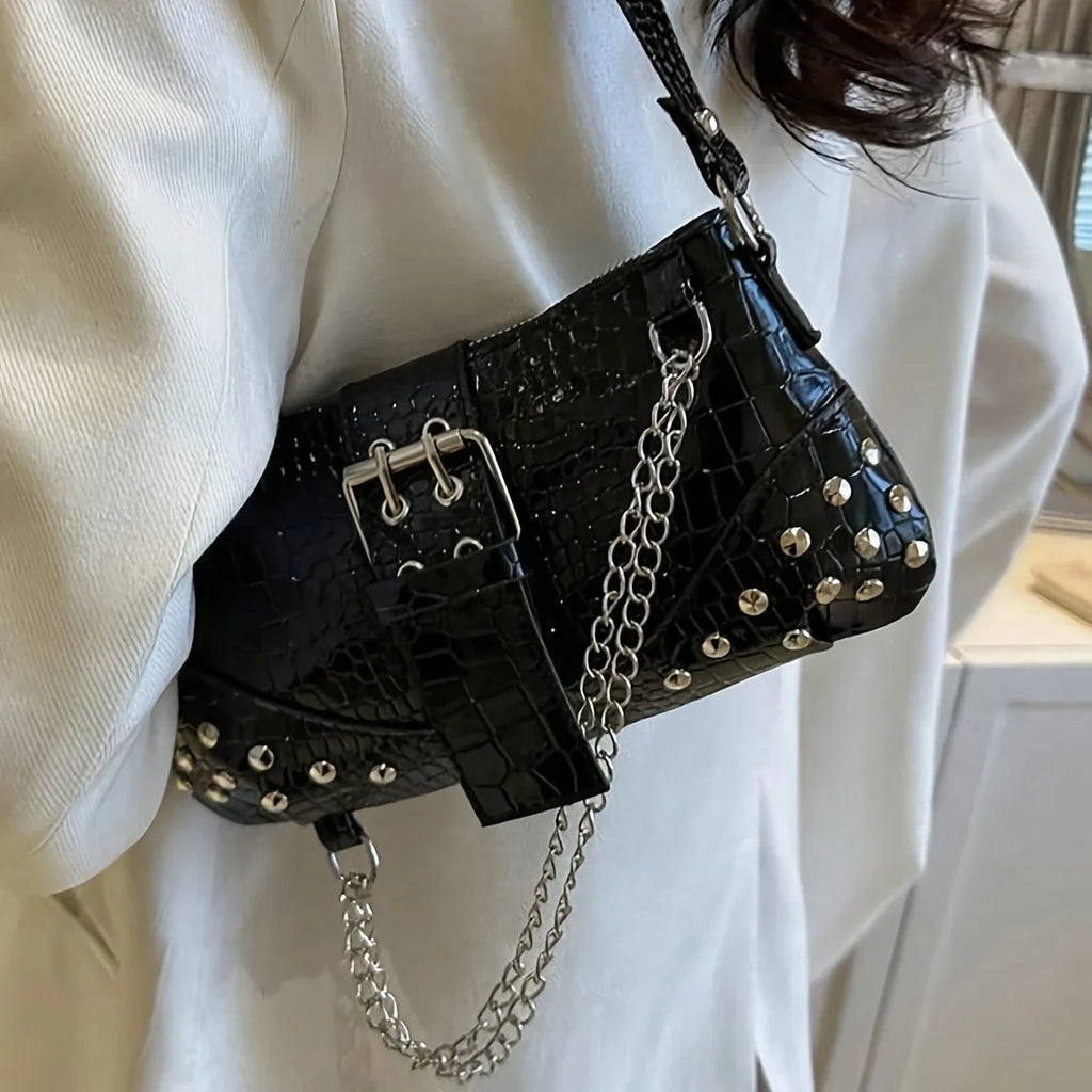 Women'S Y2K Punk Rivet Crossbody Bag - Metal Tassel Chain Shoulder