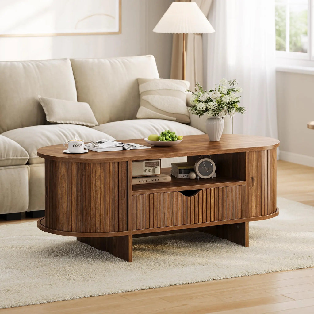 47.2in Oval Coffee Table with Storage Wood