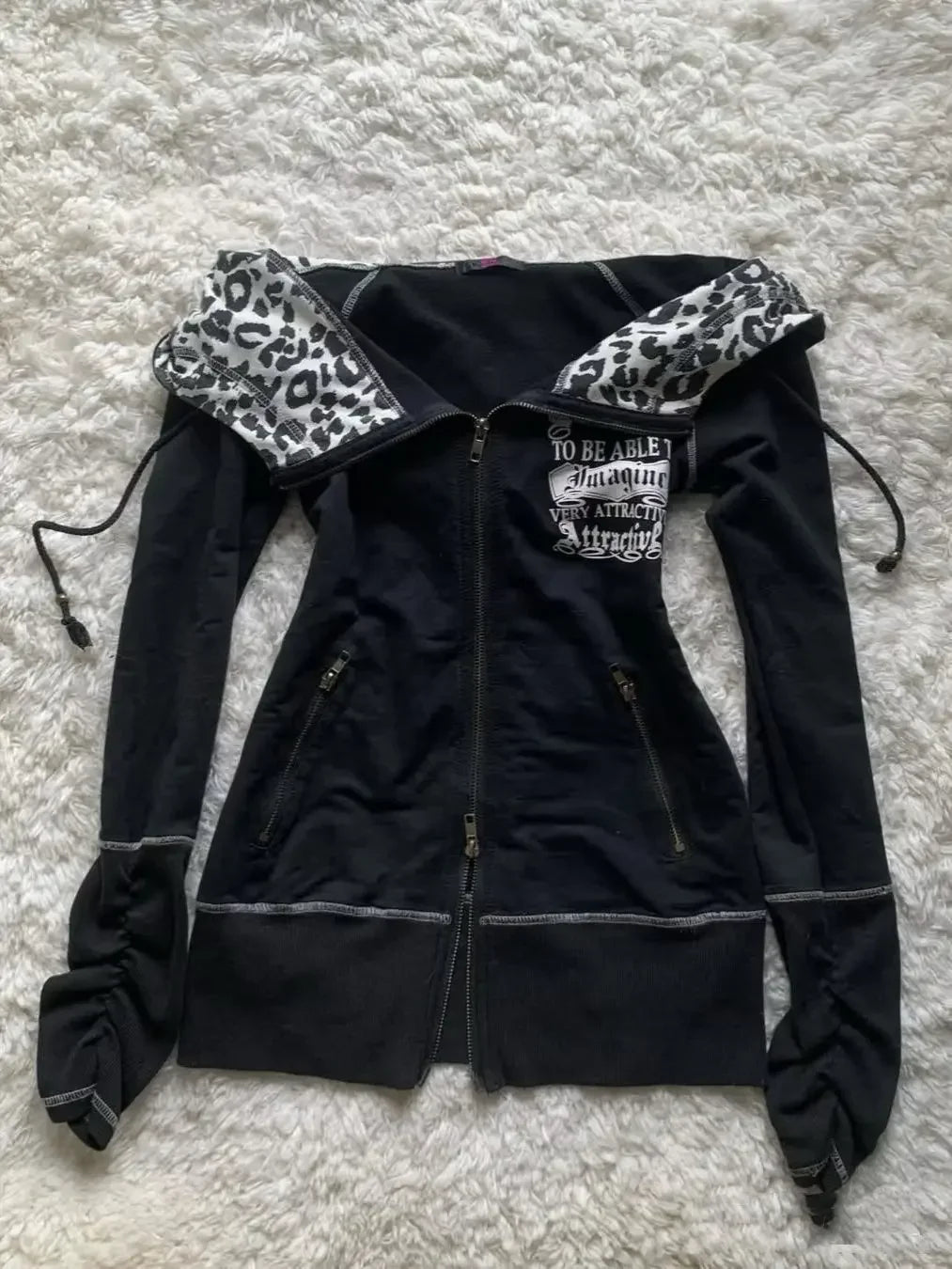 American retro casual hooded sweatshirt jacket for women leopard print stitching design slim hot girl sexy autumn jacket top
