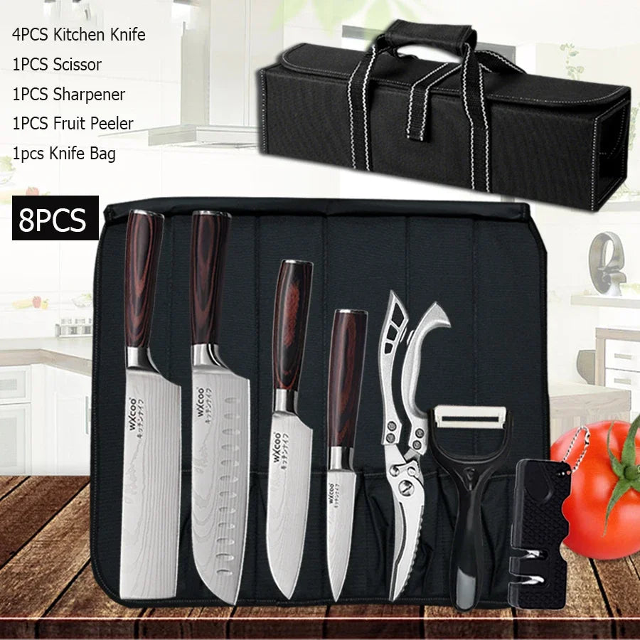 WXCOO Japanese Knife Set with Knife Bag Kitchen Knives Damascus Laser Fish Fillet Meat Cleaver Fruit Peeler Santoku Cutter
