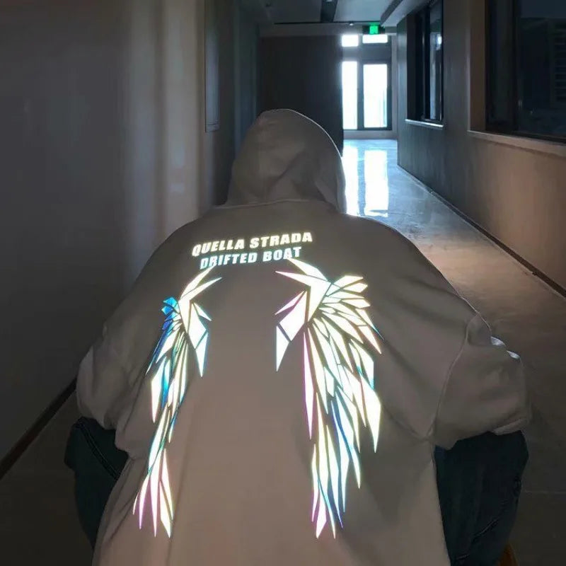 Reflective Male Hoodie Hip Hop Overfit New in No Brand Y2k Vintage Novelty and Simple 90s Tops Fleeced Men's Hooded Sweatshirt