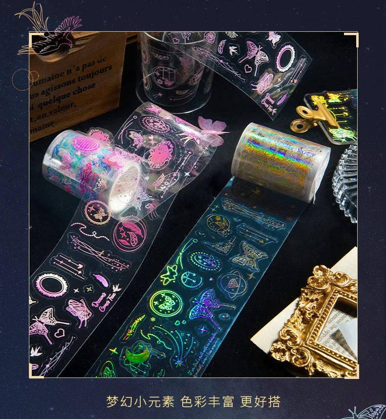 5.5*200cm 1roll Metallic PET Tape for Journaling, Laser Gold/Silver Decorative Stickers, DIY Scrapbook Washi Supplies