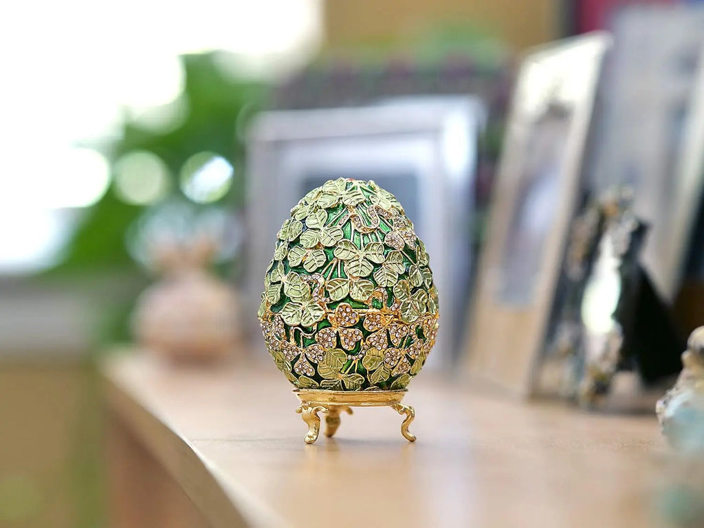 Hand-painted retro-style golden leaf Faberge eggs, with rich enamel and shiny rhinestone jewelry box (gold pink leaves), metalli