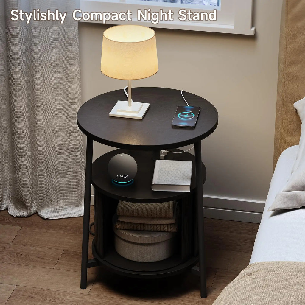 Black Small Round Side Table with Storage