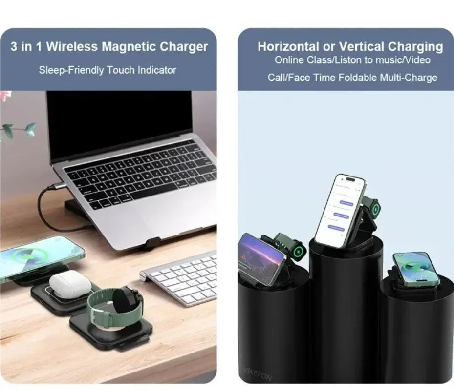 3 In 1 Magnetic Wireless Charger 30W Fast Charging Station Pad Foldable Phone Chargers Stand for iPhone 16-12 IWatch 8 7
