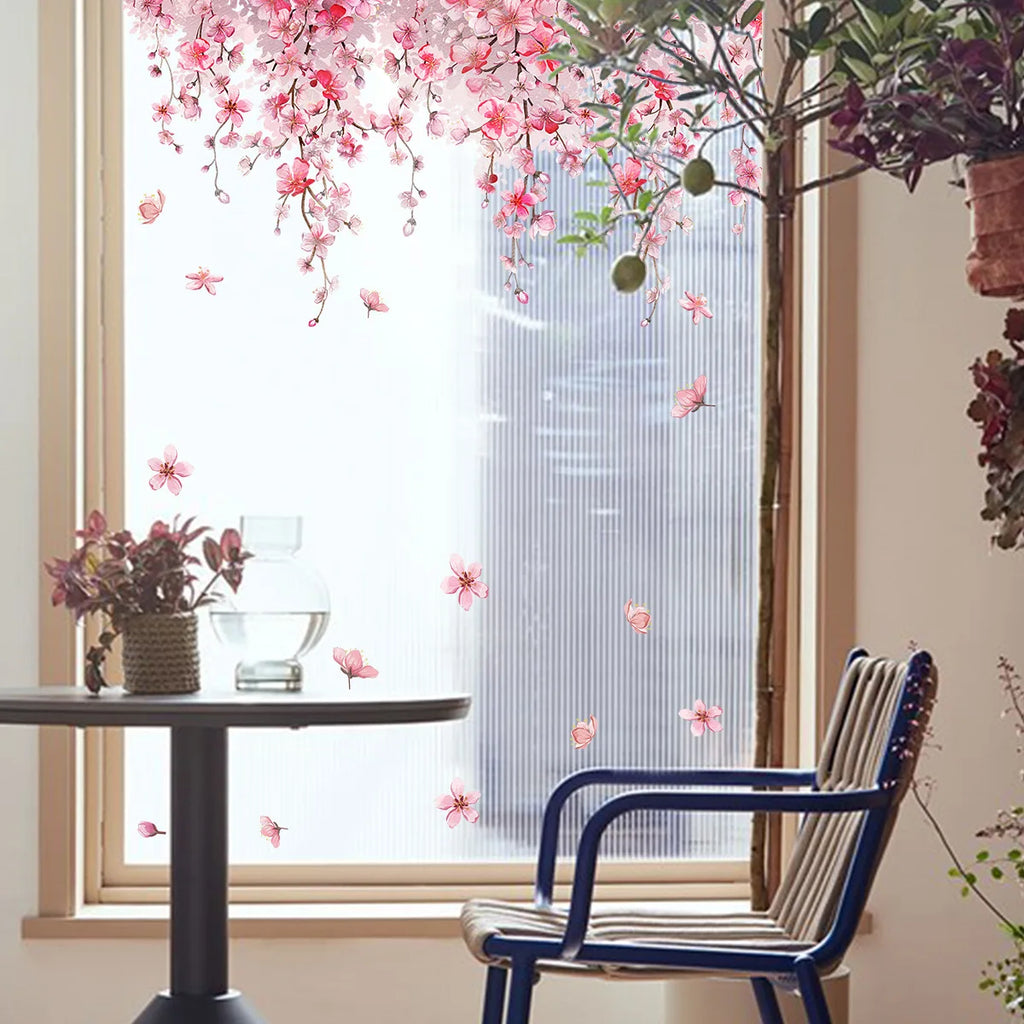 NEW 1 Set Pink Flower Static Window Stickers Diy Wallpaper Wall Sticker Decals Festival Home Decor Crafts Window Cling Sticker