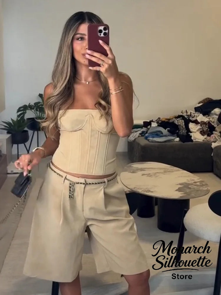 Beige Strapless Corset Shorts Set Women Y2K Sleeveless High Waist