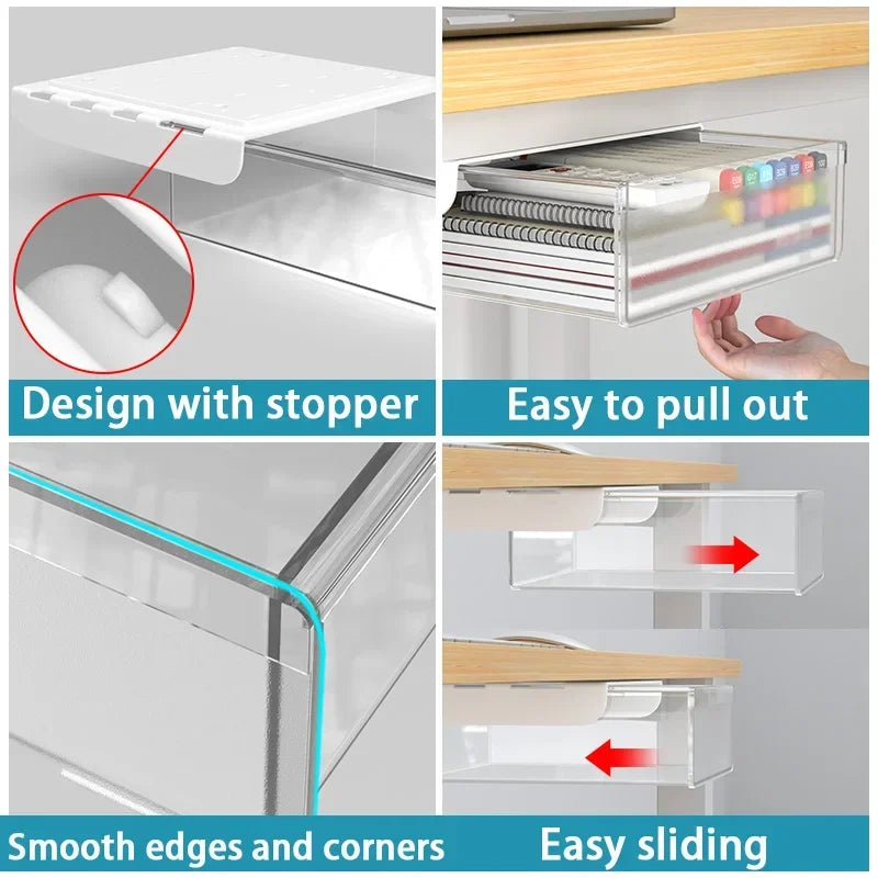 Transparent Under Desk Drawer Self Stick Hidden Storage Tray Quiet Pull Out Desk Organizer Accessory