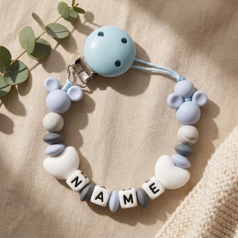 Custom Baby Name Pacifier Holder Blue Heart Silicone Beads