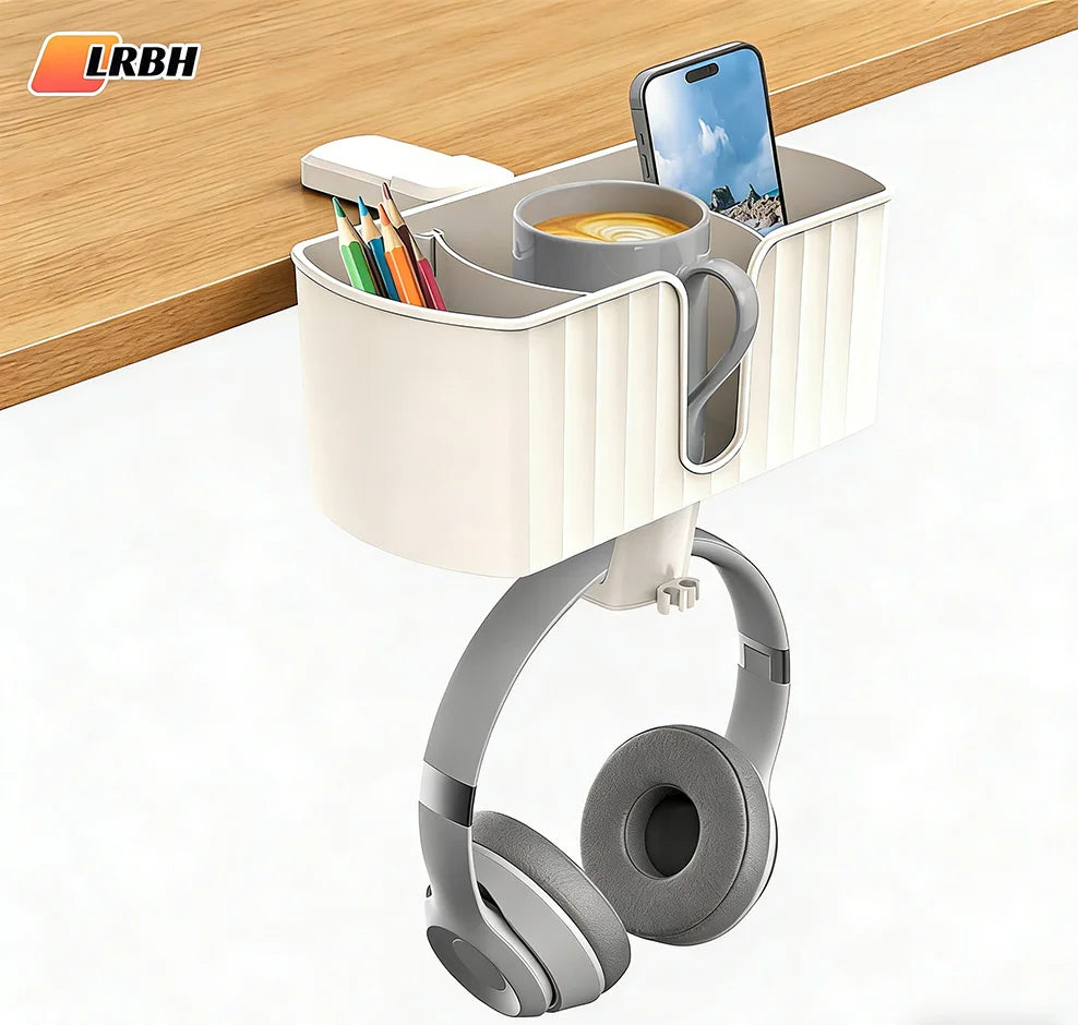 4-in-1 Desk Organizer - Under Desk Cup Holder and Headphone Hanger with 2 Wire Holes - Rotating Hanger，for Cup, Phone and Pen