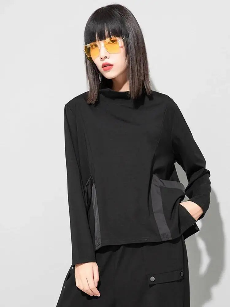 EAM Loose Fit Pocket Irregular Black Sweatshirt New Stand Collar Long Sleeve Women Big Size Fashion Spring Autumn 2026 1DE4263