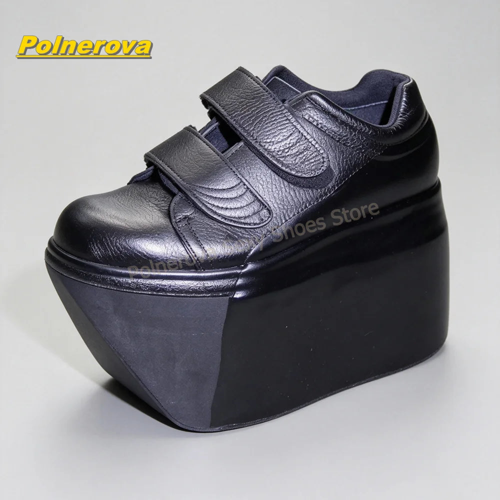 Hook and Loop Matte Wedge Platform Sneakers Round Toe Thick Sole