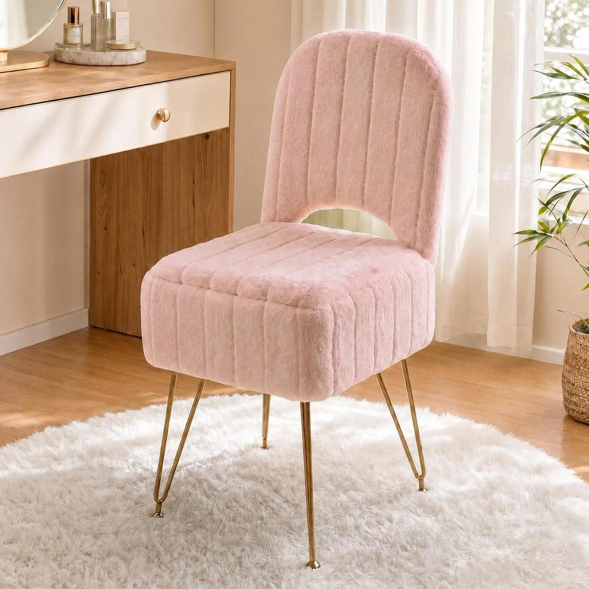 Pink Storage Vanity Chair with Adjustable Folding Backrest Memory
