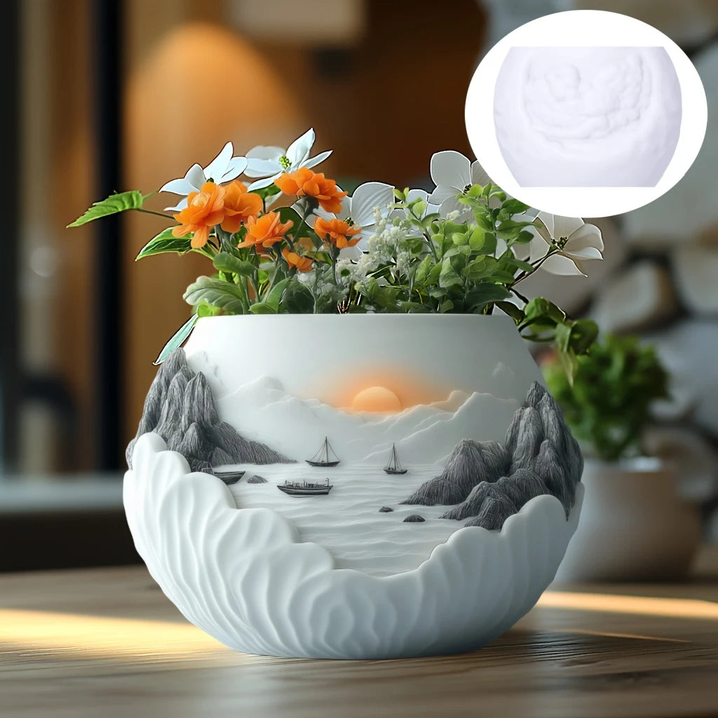 Sea Bay Canyon Relief Succulent Plant Flower Pot Resin Silicone Mold Mountain Range Sea Sunrise Relief Storage Box Gypsum Molds