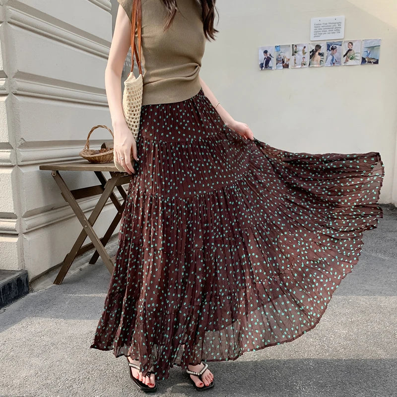 Spring Summer Korean Fashion Brown Dot High Waisted Vacation Long Skirt Women Vintage Elegant Versatile Pleated Skirt Streetwear