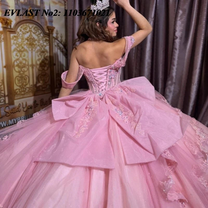 EVLAST Customized Princess Pink Qinceanera Dress Ball Gown Shiny Lace Applique Beading Tiered Sweet 16 Vestidos 15 Anos E2QA332