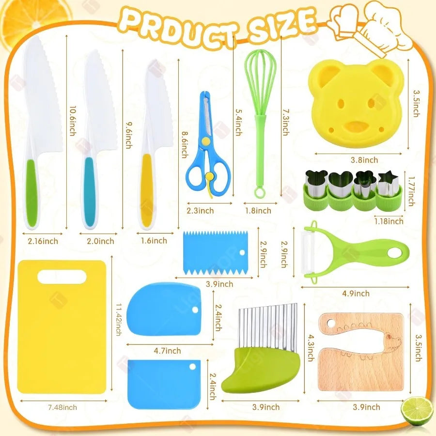 17 Pieces Kids Cooking Set Real Montessori Kitchen Tools Toddler Safe Serrated Edges with Plastic Knife Cutting Board Scissors