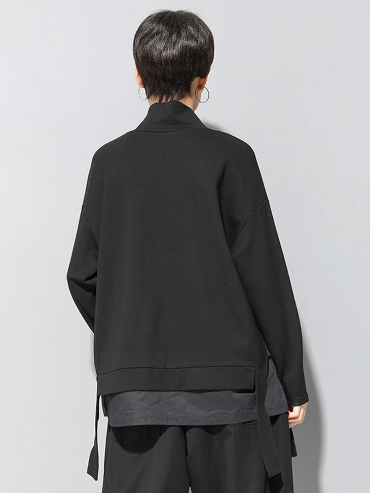 [EAM] Loose Fit Asymmetrical Big Size Sweatshirt New High Collar Long Sleeve Women Big Size Fashion Spring Autumn 2026 19A-a124