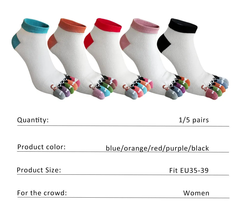 1/5 Pairs Toe Socks Women Girl Cotton White Cute Cartoon Bear Fish Print Soft Beautiful Fashions Ankle Boat Five Finger Socks