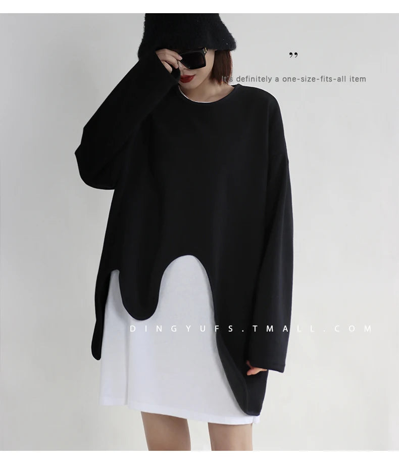 SuperAen Spring Summer 2023 New Sweatshirt Women's New Design Irregular Loose Long Sleeves Round Neck Layered Top