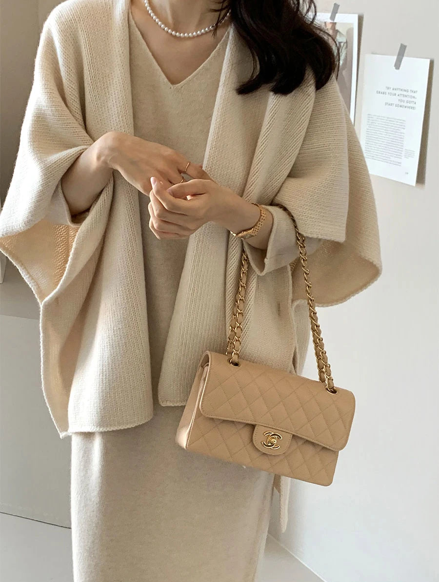 Korean Style Knitted Shawl Jacket Women's Casual Warm Knitted Cardigan Cloak Elegant Solid Color Women's Knitted Cardigan