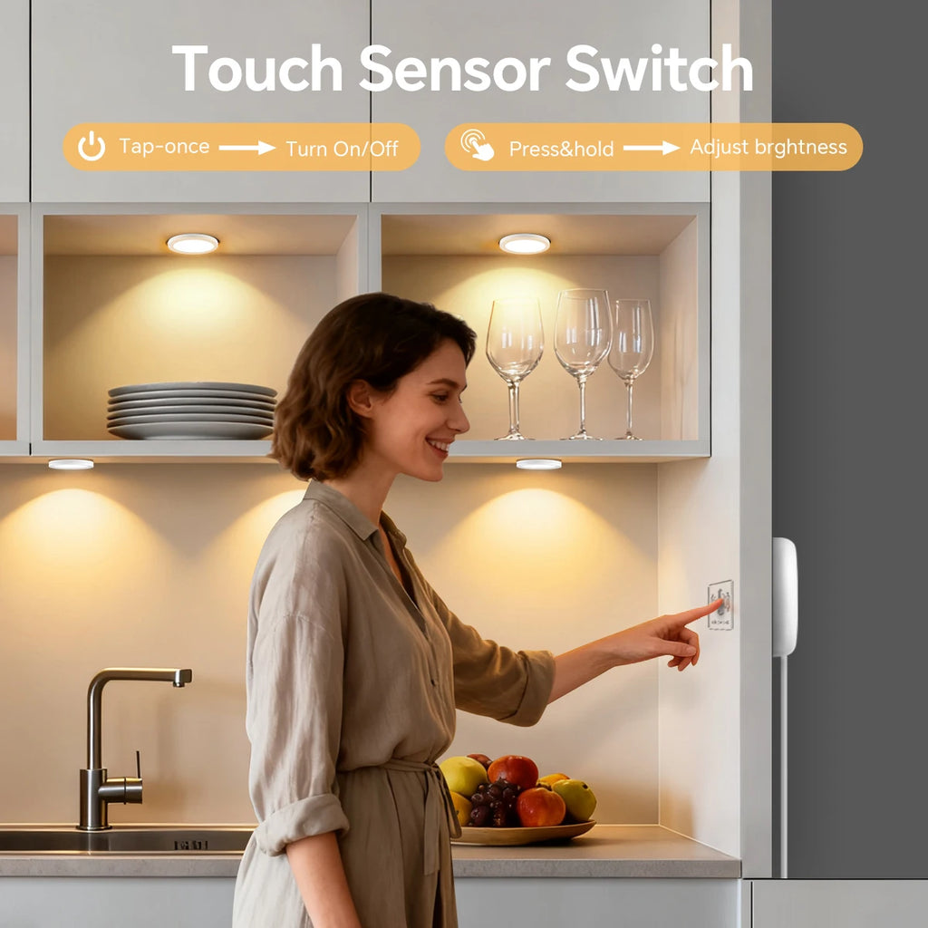 Kitchen Under Cabinet LED Puck Lights Ultra-Thin Stick-on Ceilling Lamp Touch Dimmable For Closet Display Shelf Pantry Lighting