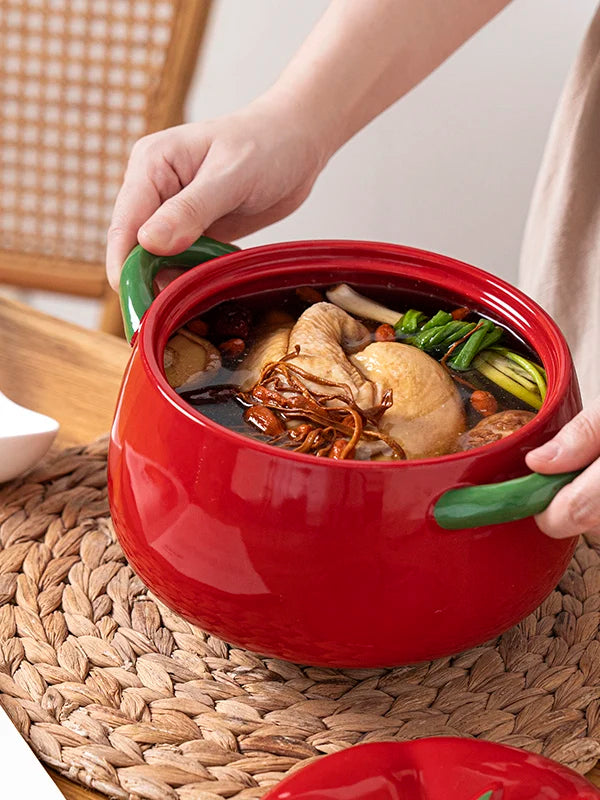 Double-Eared Ceramic Soup Bowl with Lid for Home Use Instant Noodles Bowl Lychee Noodles Special Utensils Student Dormitory