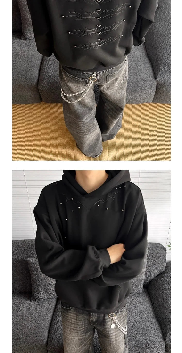 American Retro Spine Embroidered Metal Rivet Pullover Hooded Sweatshirt Men Women High Street Hip-Hop Loose Casual Streetwear