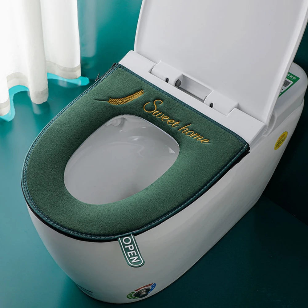 Washable Toilet Seat Cover with Flip Lid Handle, Soft WC, Closestool Mat, Bathroom, Removable, Zipper, Household, Warm, Winter