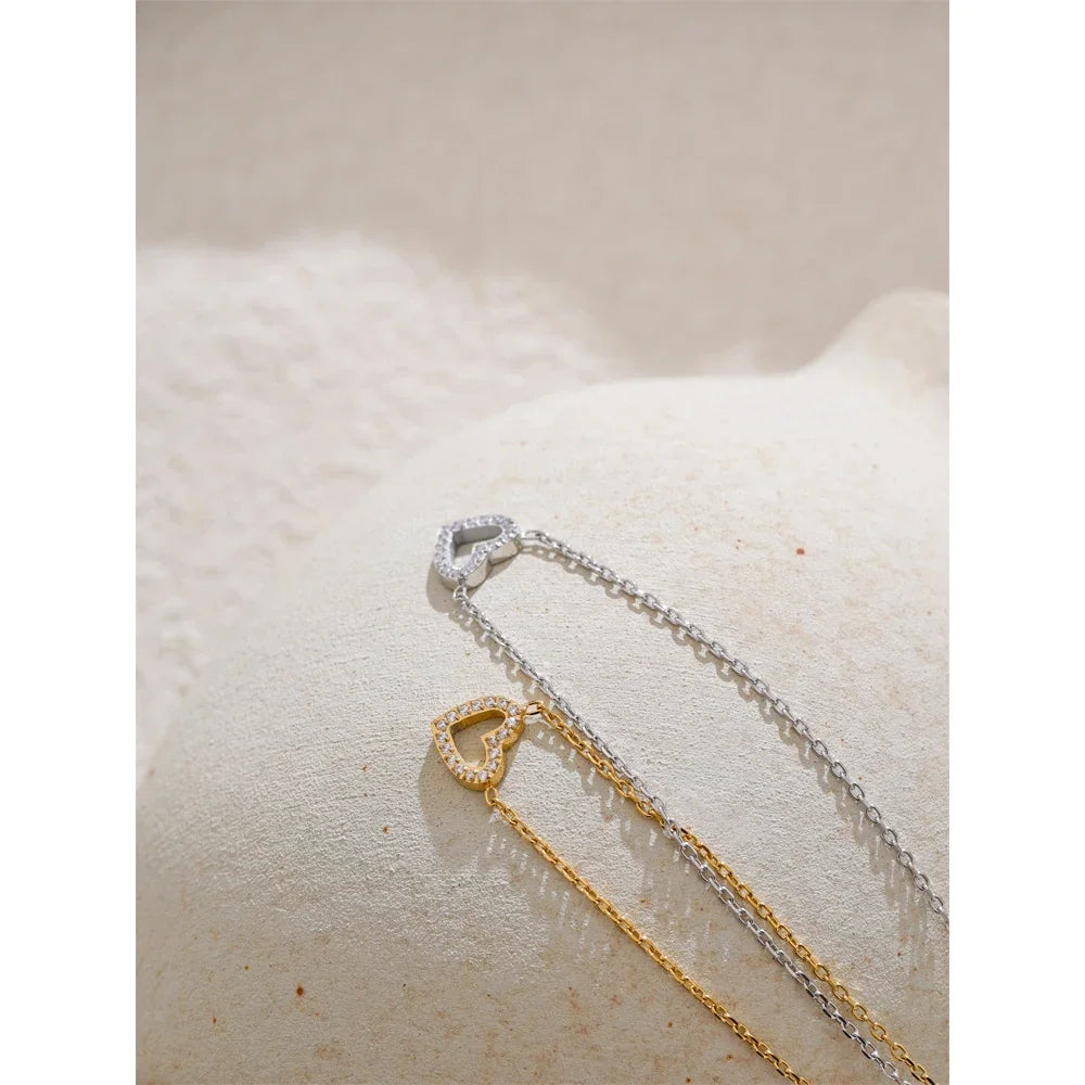 Yhpup Korean Style Shiny Cubic Zirconia CNC Hollow Heart Love Necklace Pendant Delicate Fashion Jewelry Valentine's Day Gift